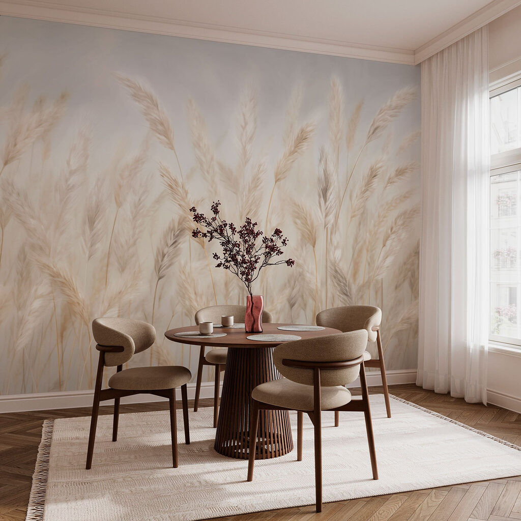 Zachte grassen wiegen in de wind in een interieur