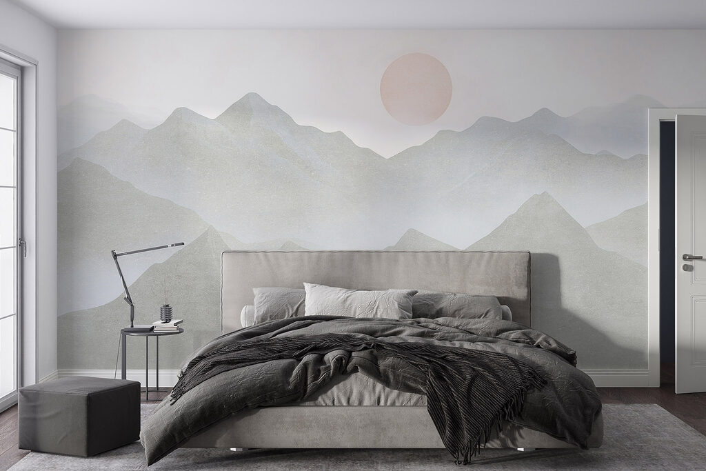 Bergketen met de zon in de verte in een interieur
