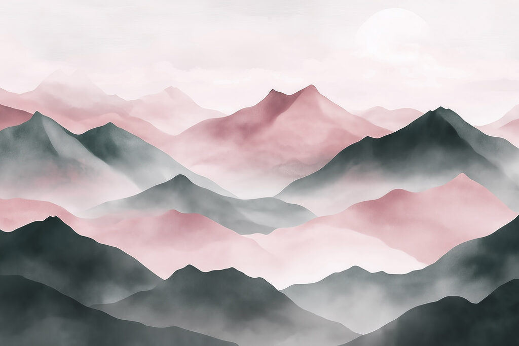 Roze toppen tussen grijsblauw — volledig ontwerp