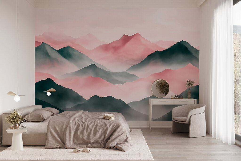 Bergketen met mist in een interieur