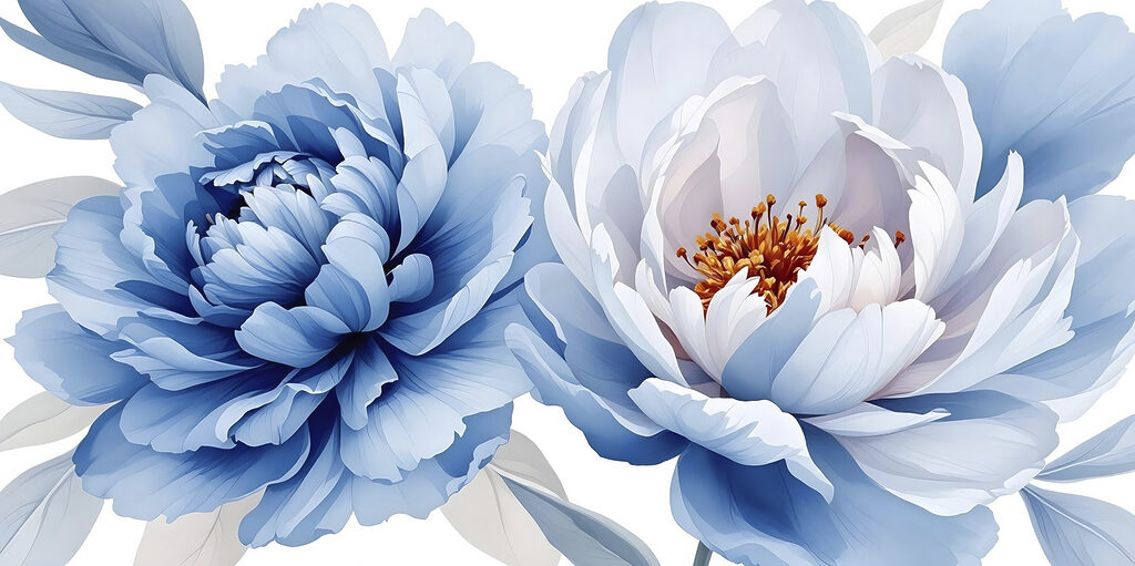 Blauwe pioenen naast wit — volledig ontwerp