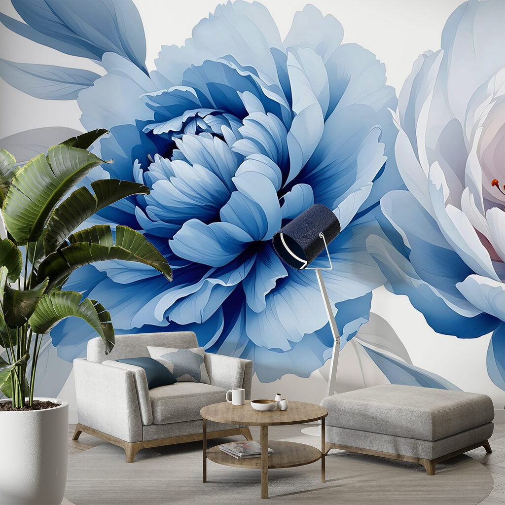 Blauwe pioenen naast wit — interieur 1