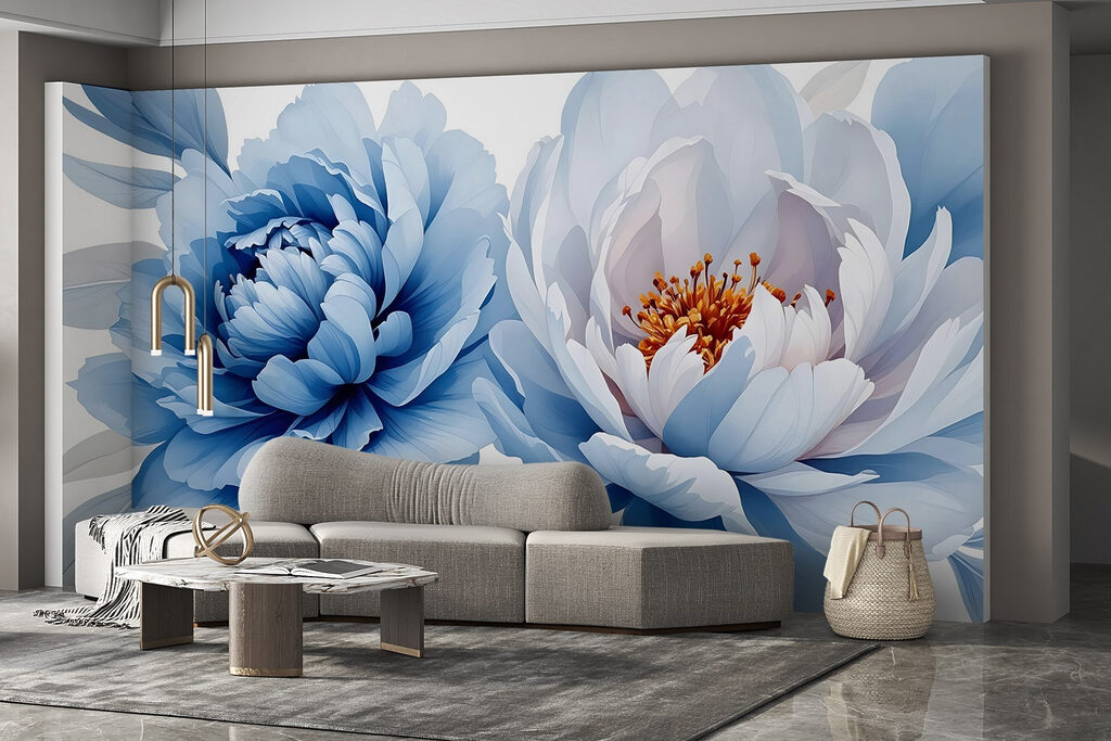Blauwe pioenen naast wit — interieur 2