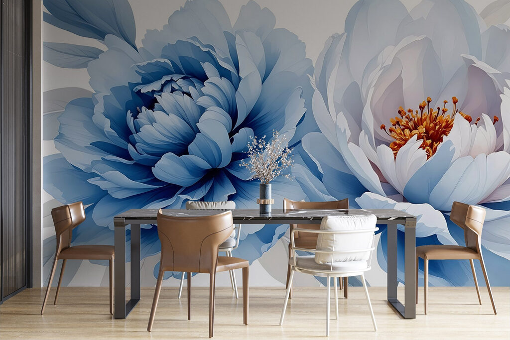 Blauwe pioenen naast wit — interieur 3