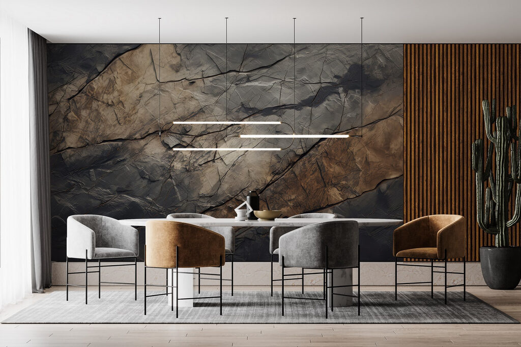 Abstrakt landschap in gelaagde aardetinten in een interieur