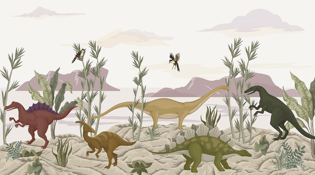 Dinosaurussen tussen lichte bergen — volledig ontwerp