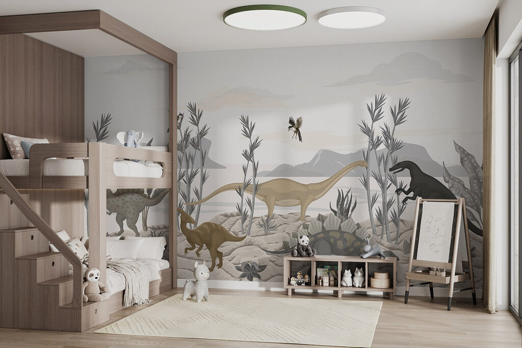 Groep dinosaurussen in een woestijn in een interieur