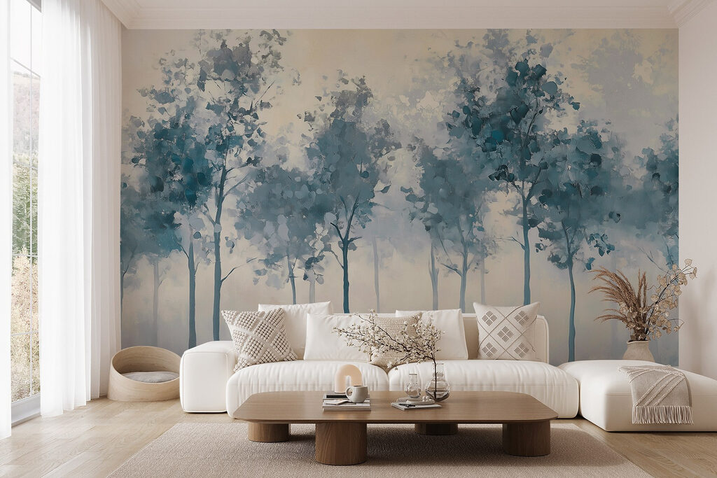 Blauwe bomen onder crème — interieur 1