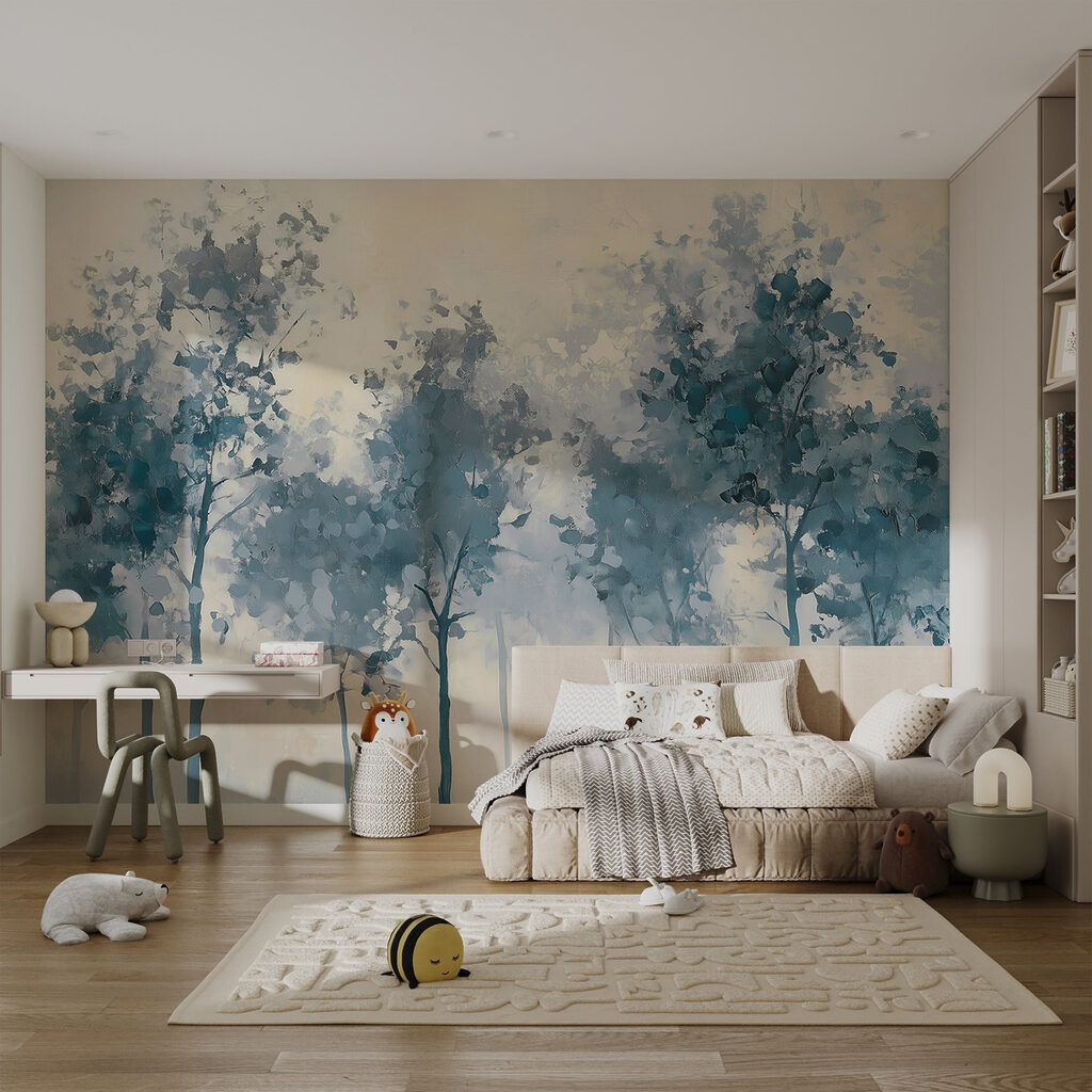 Blauwe bomen onder crème — interieur 2
