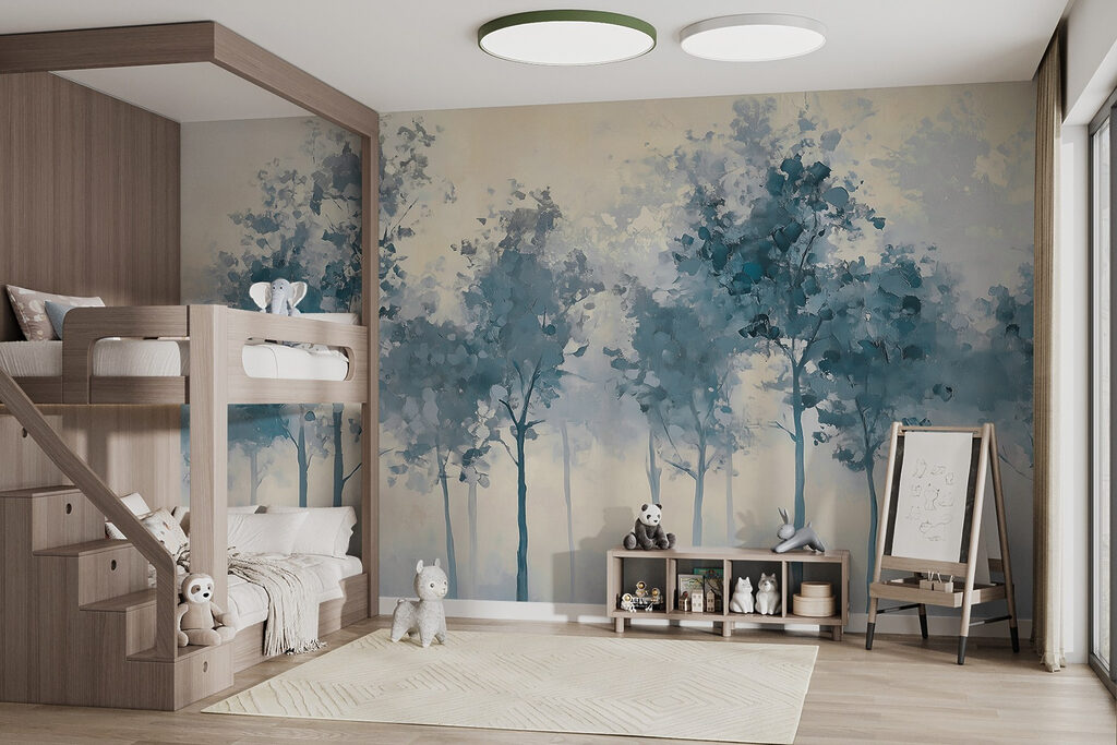 Blauwe bomen onder crème — interieur 3