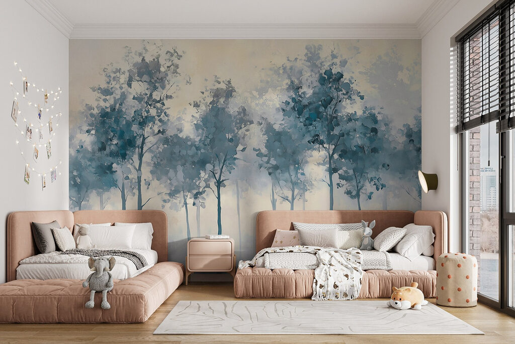 Blauwe bomen onder crème — interieur 4