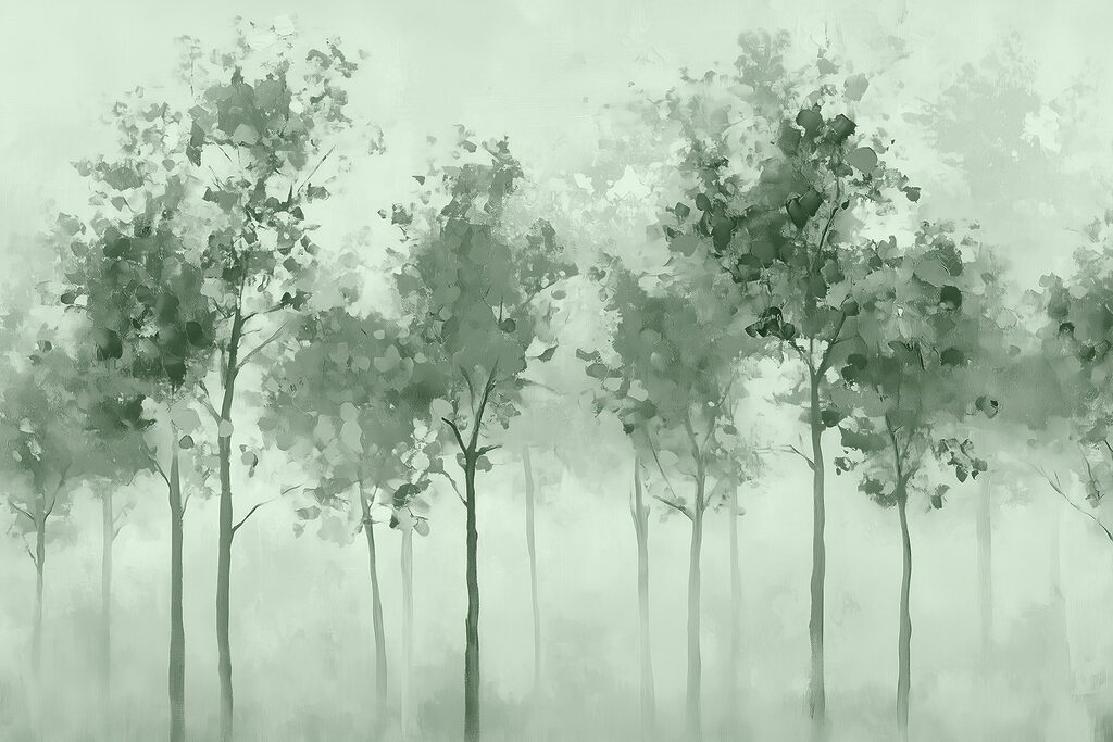 Groep bomen in mist — volledig ontwerp