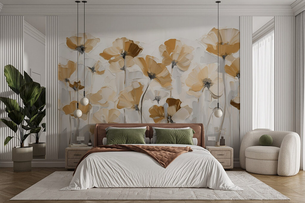 Schilderij van bloemen op een witte achtergrond in een interieur