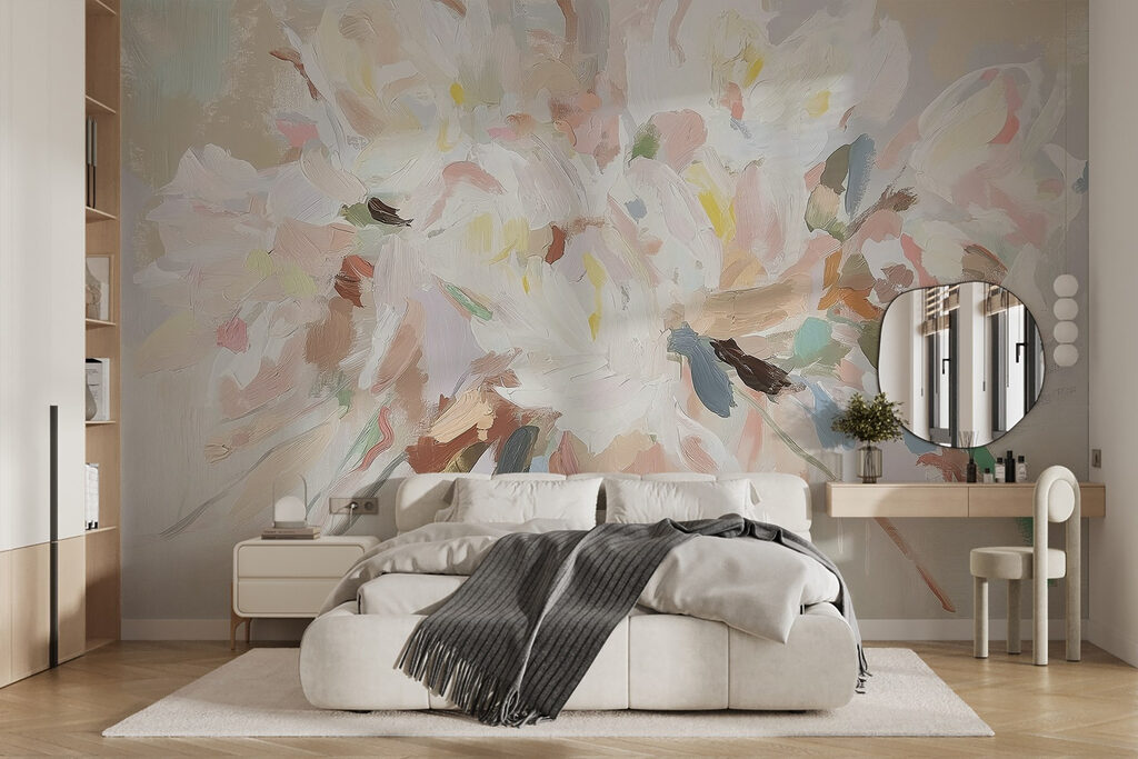 Witte bloemen in verfvlekken — interieur 1