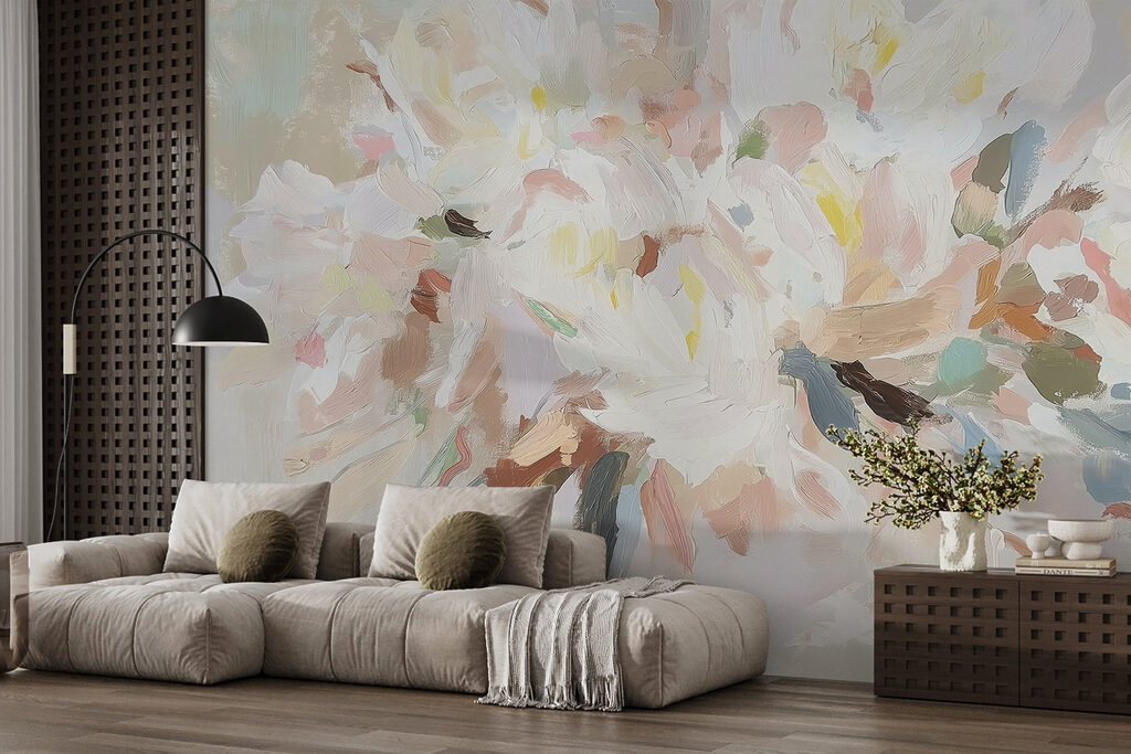 Witte bloemen in verfvlekken — interieur 4