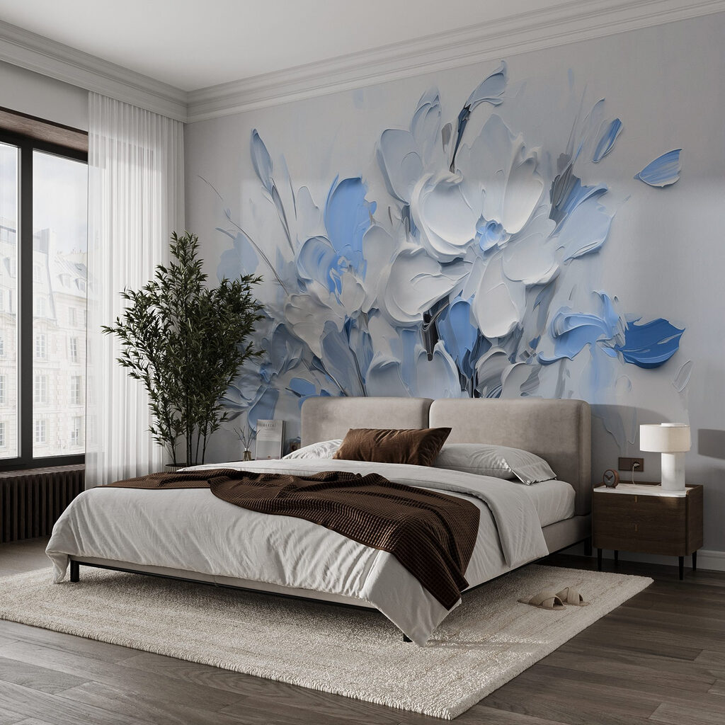 Schilderij van bloemen in een vaas in een interieur