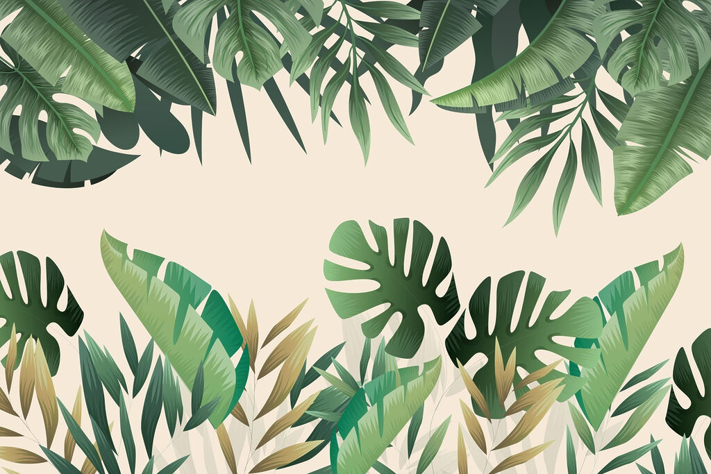 Groene bladeren rond zandbeige — volledig ontwerp