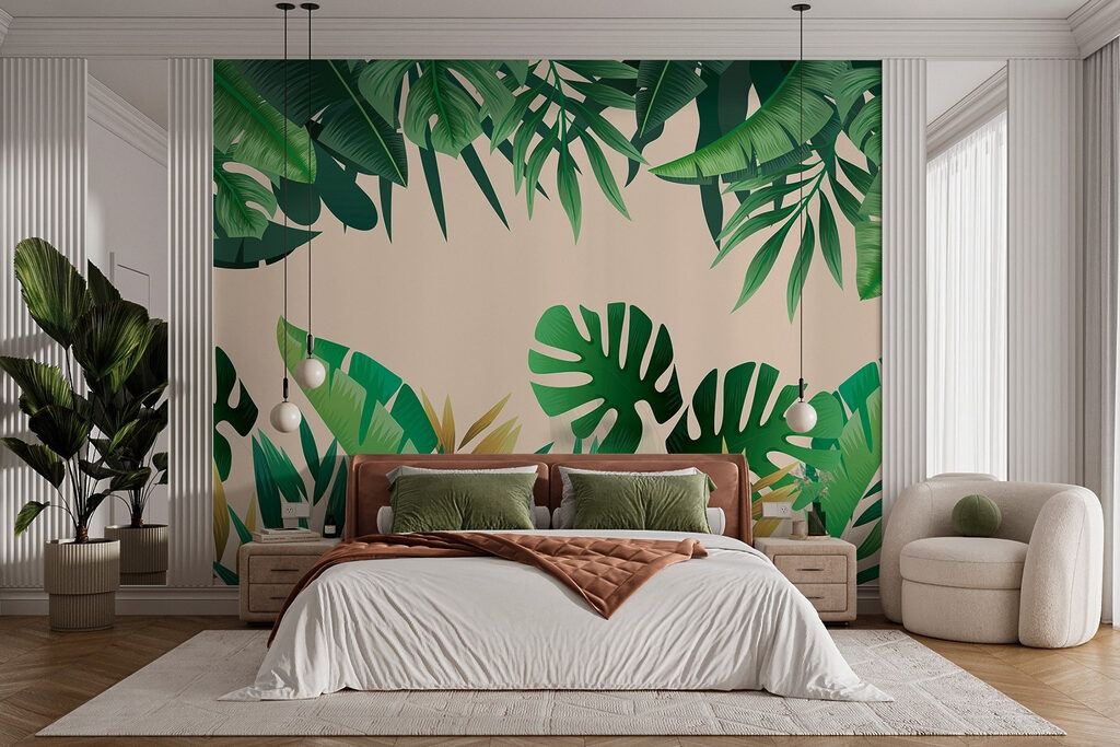 Groene bladeren rond zandbeige — interieur 1