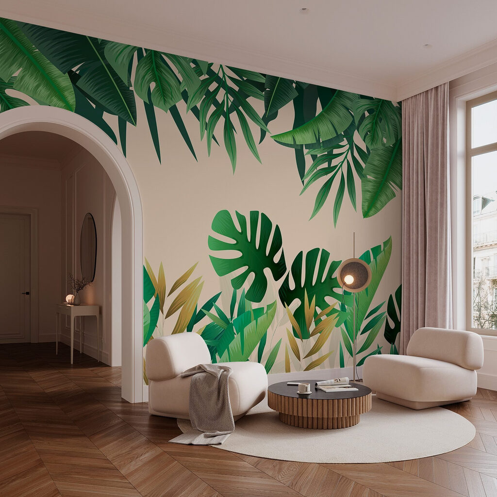 Groene bladeren rond zandbeige — interieur 2