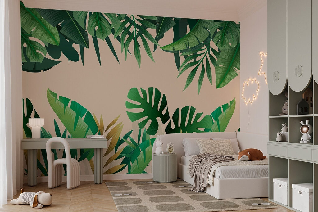 Groene bladeren rond zandbeige — interieur 3