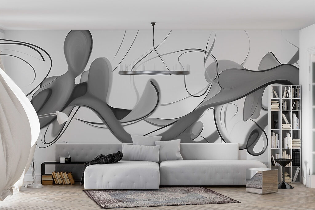 Zwart-wit afbeelding van een wervelend ontwerp in een interieur