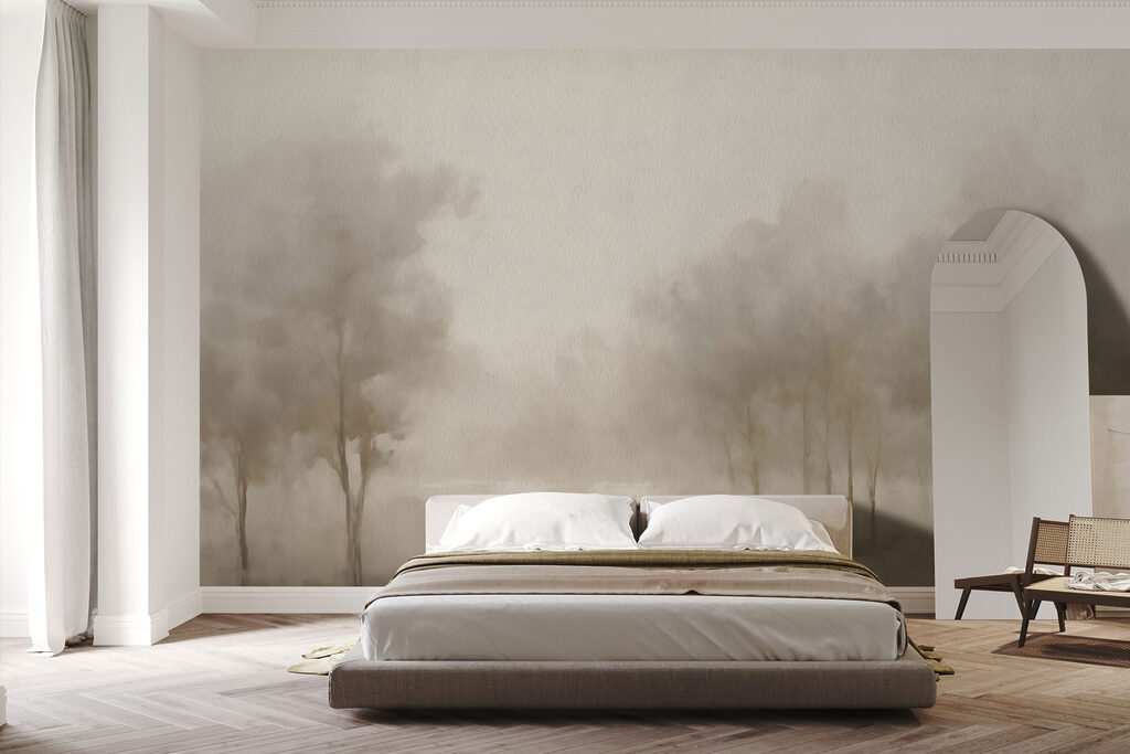 Mistig landschap met bomen in een interieur