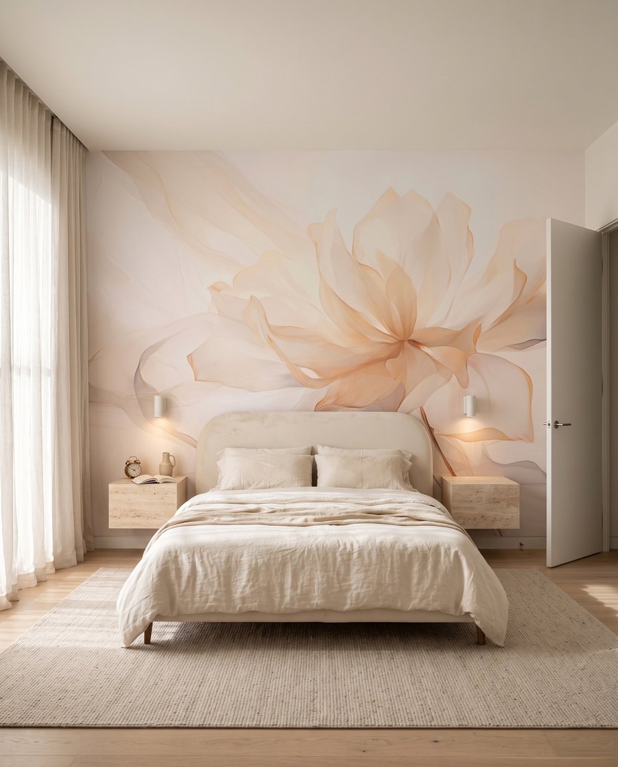 Roomkleurige bloem met sluierbladen in een interieur