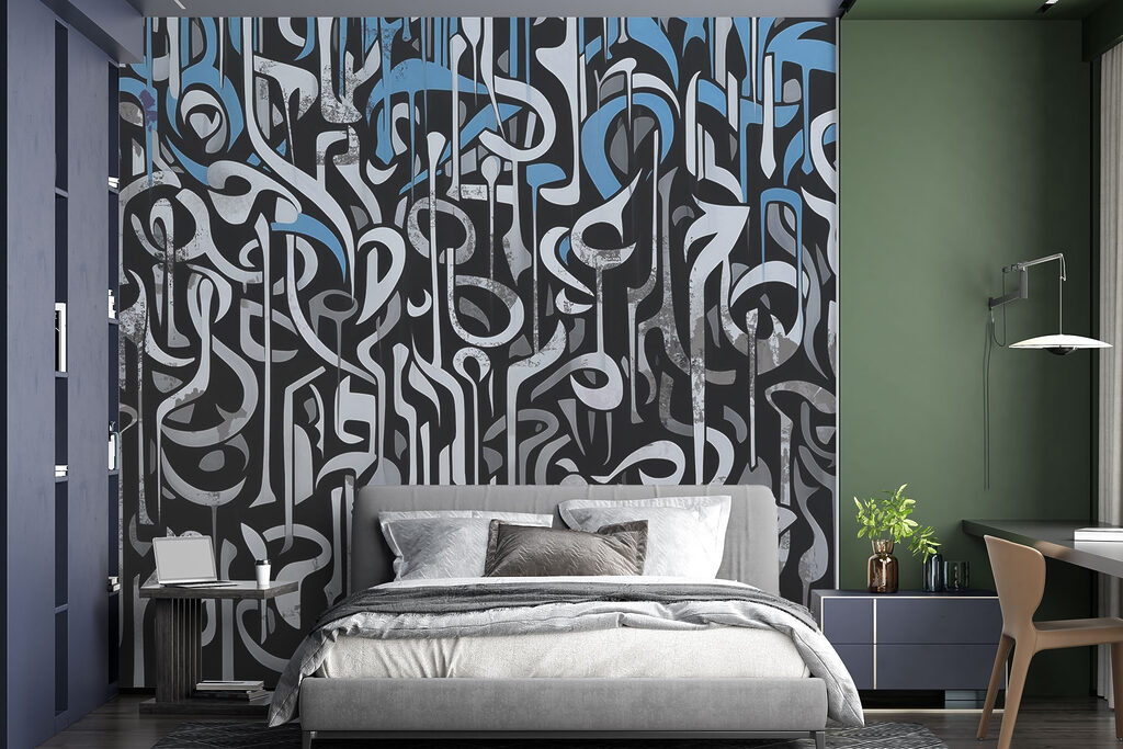 Zwart-wit kunst met blauwe en witte lijnen in een interieur