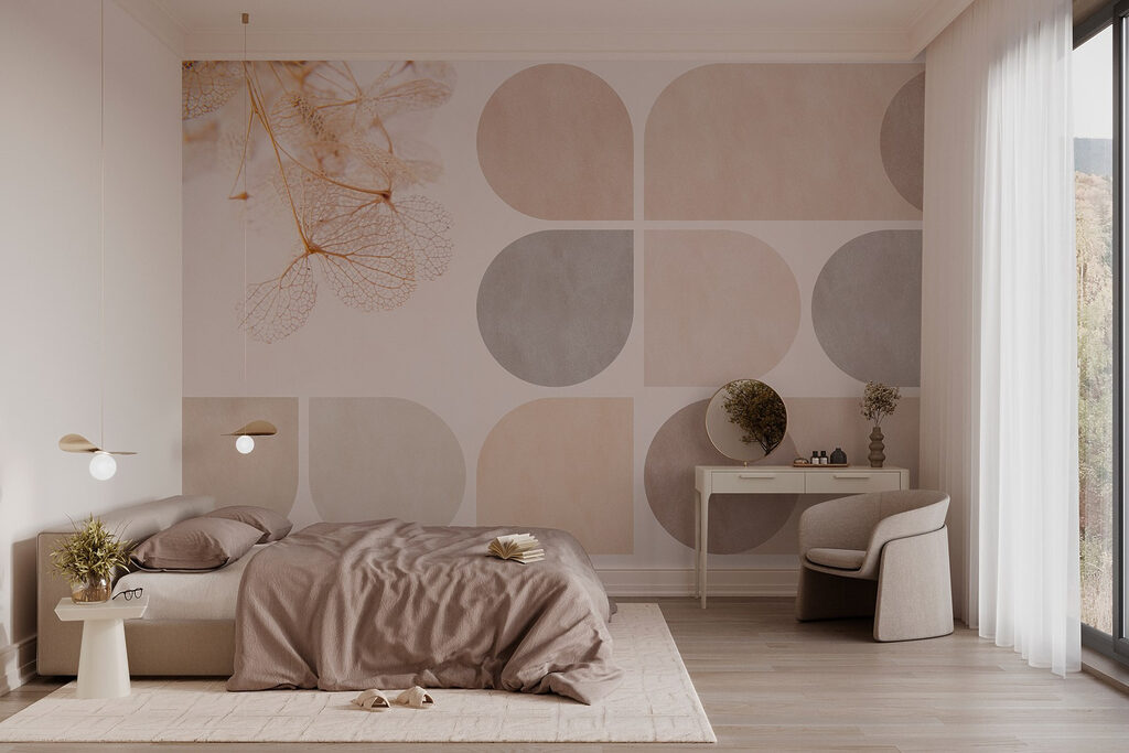 Bladlijnen naast roze vlakken — interieur 1