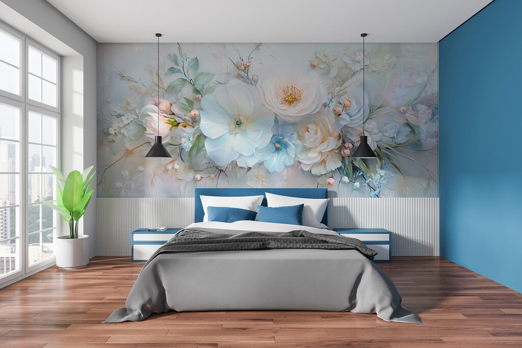 Lichtblauw boeket in verf — interieur 1