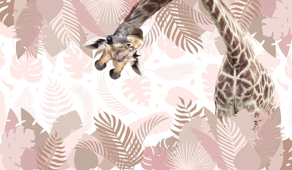 Giraffe buigt tussen bladprints — volledig ontwerp