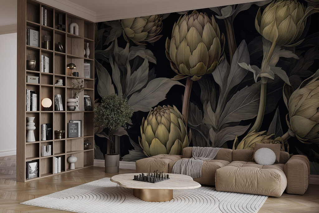 Artisjokknoppen tussen donkere bladeren — interieur 2