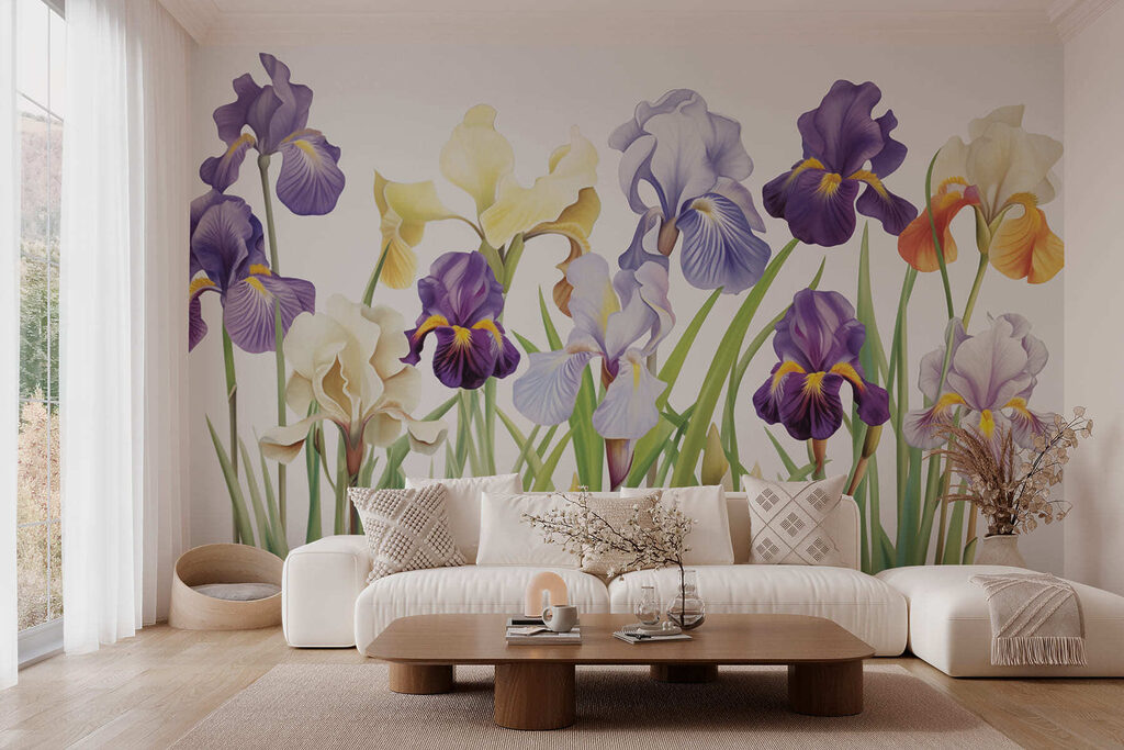 Paarse irissen naast geel — interieur 1