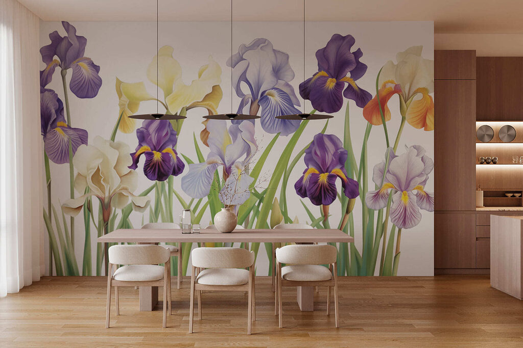 Paarse irissen naast geel — interieur 2