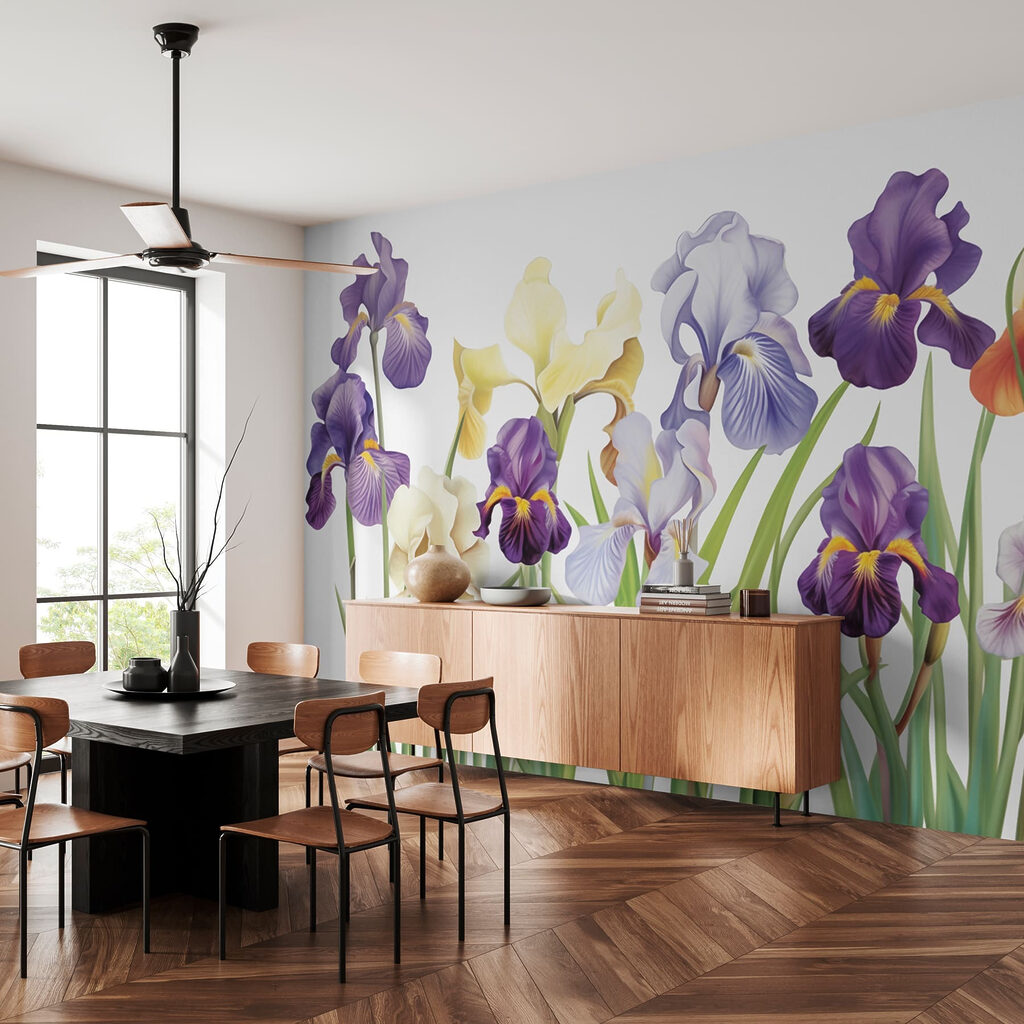 Paarse irissen naast geel — interieur 3