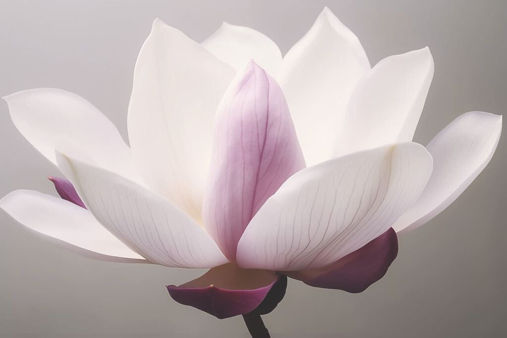 Lila hart tussen magnoliablaadjes — volledig ontwerp