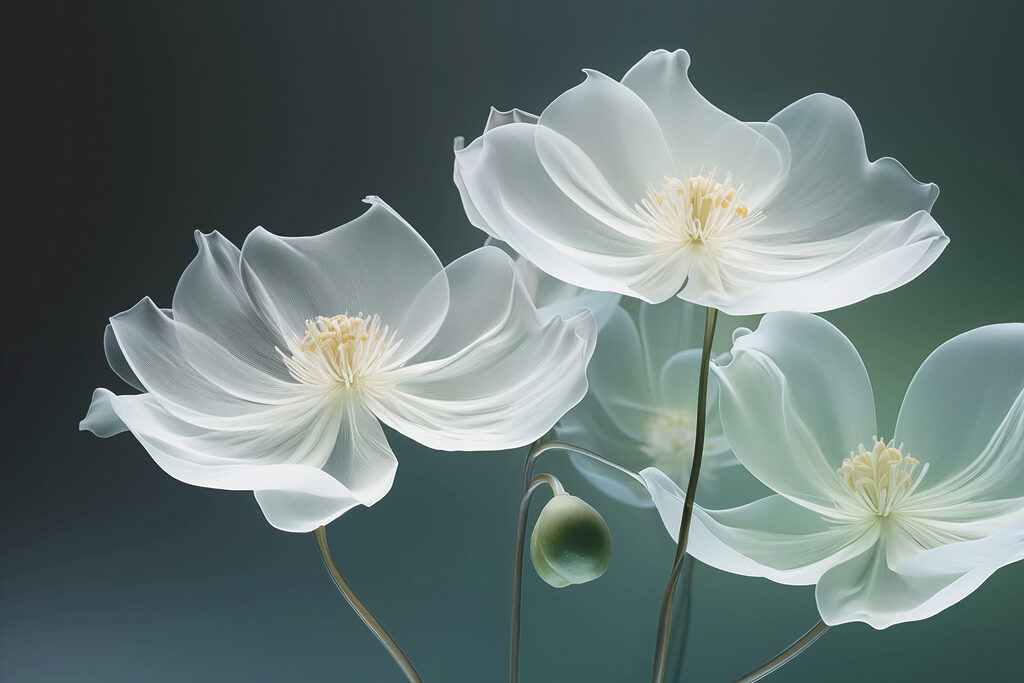 Witte bloemen op donkergroen — volledig ontwerp