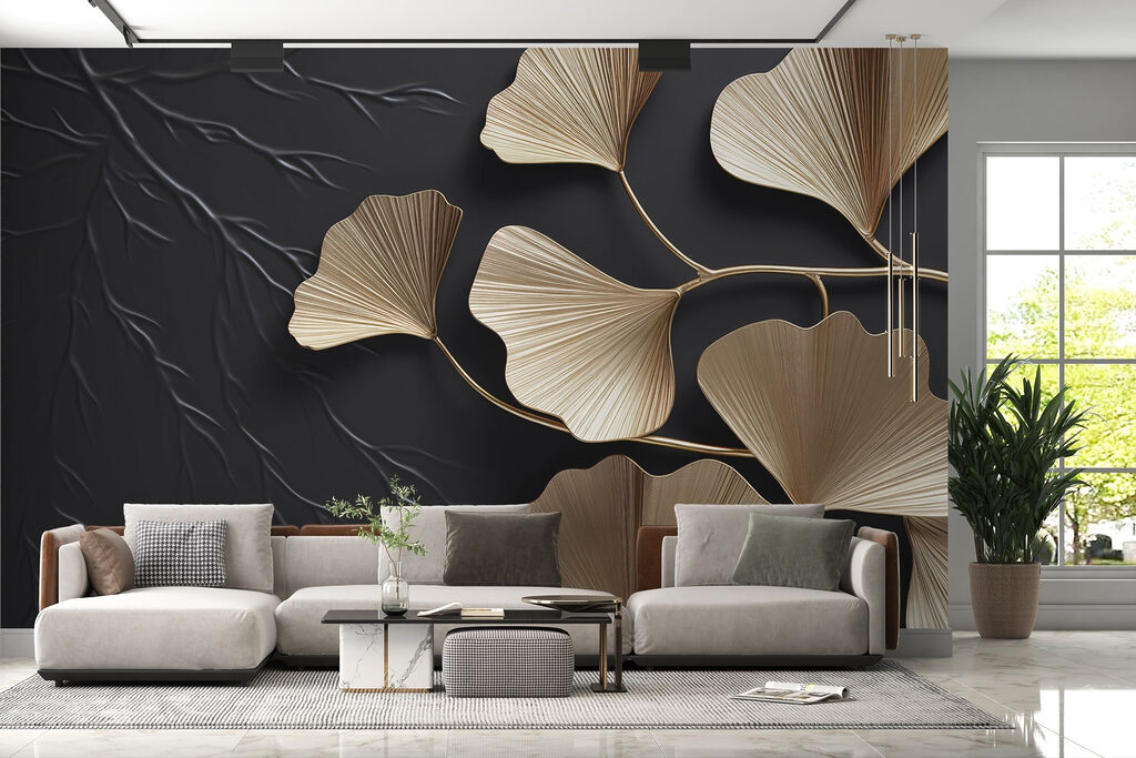 Elegante bladeren tegen een donkere achtergrond in een interieur