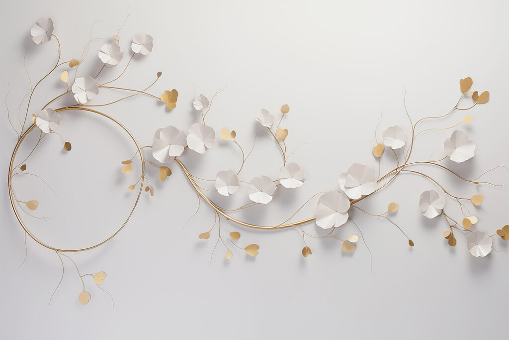 Fijne bloemen en golvende takken die met elkaar verstrengeld zijn — volledig ontwerp