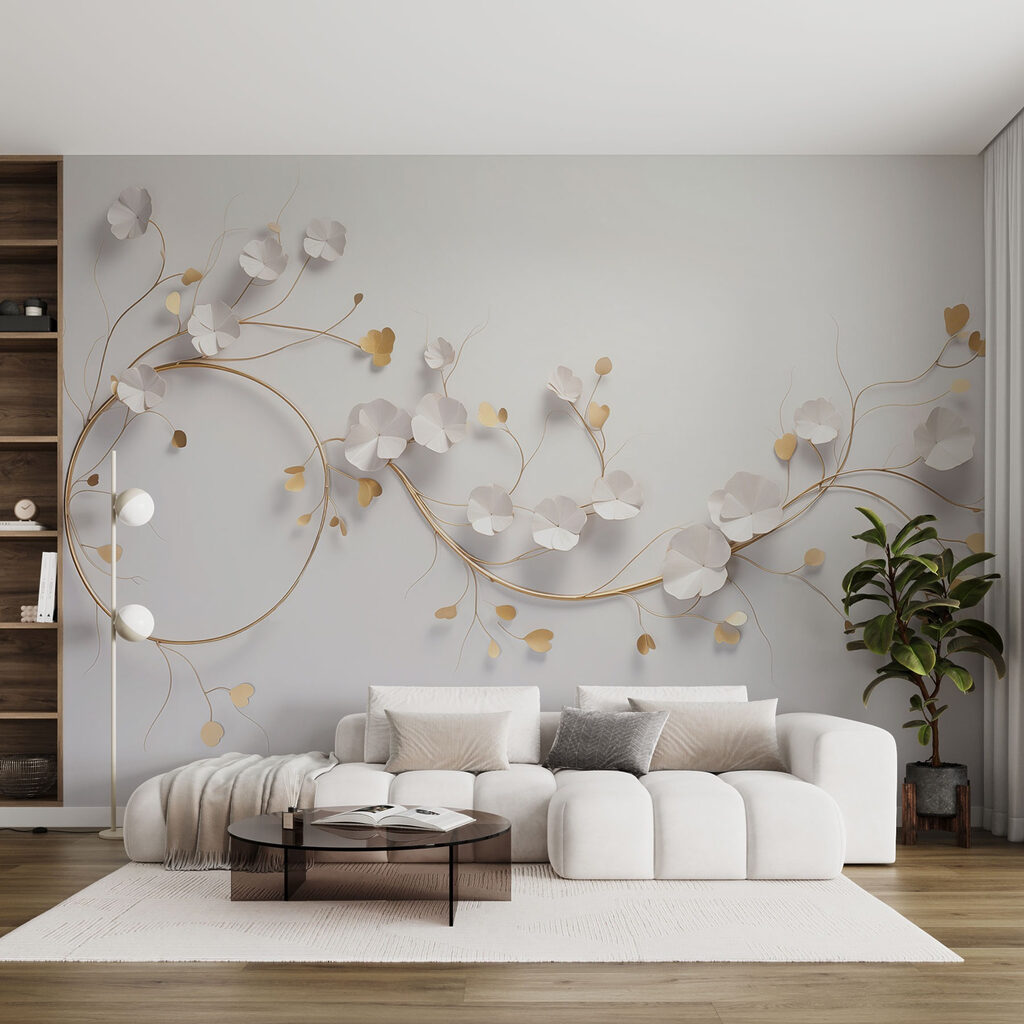 Fijne bloemen en golvende takken die met elkaar verstrengeld zijn in een interieur