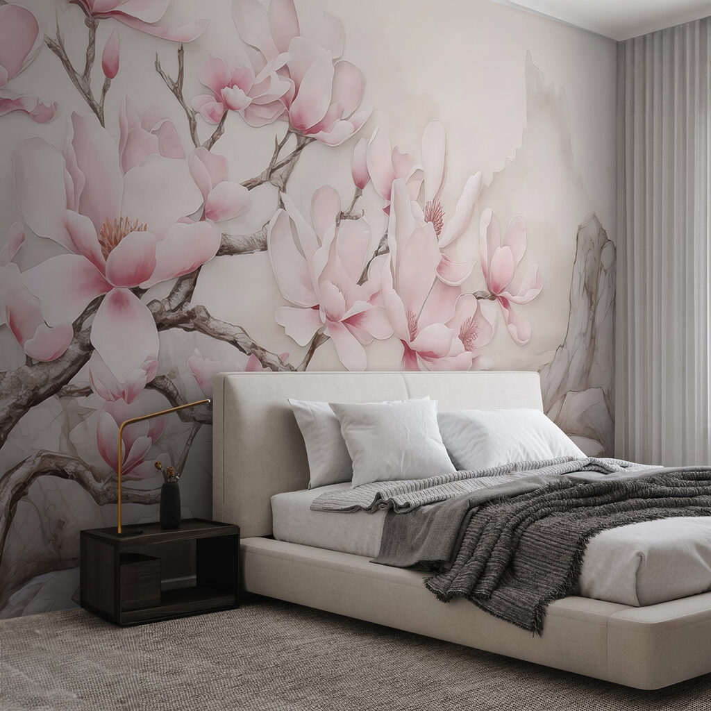 Roze magnolia boven berglijnen — interieur 1