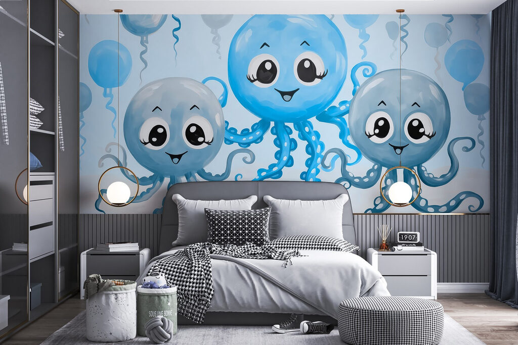 Groep octopussen met ballonnen in een interieur