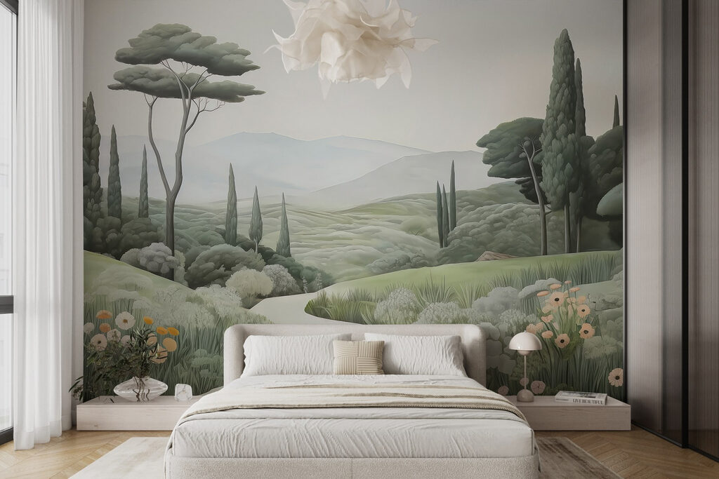 Landschap met een pad en bomen in een interieur