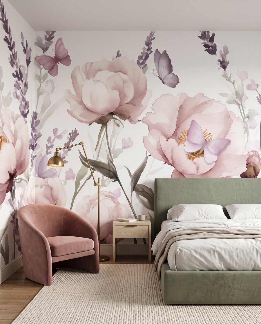 Vlinders tussen volle bloemen in een interieur