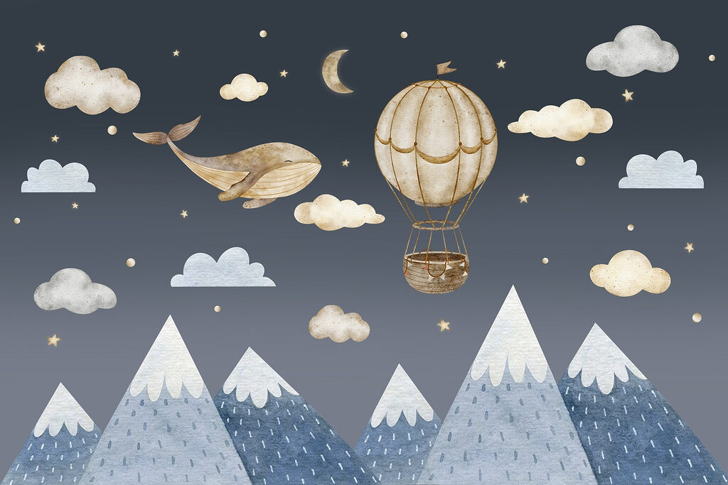 Walvisballon boven besneeuwde bergen — volledig ontwerp
