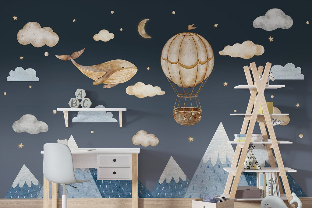 Walvis en heteluchtballon in de lucht in een interieur