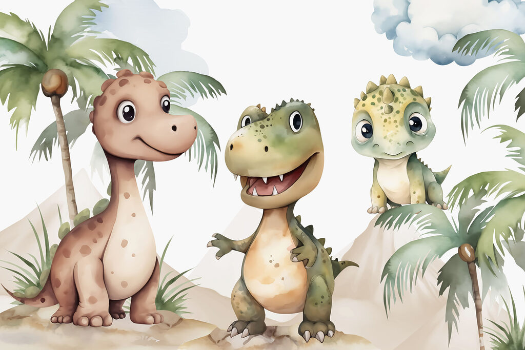 Drie dino's onder palmen — volledig ontwerp