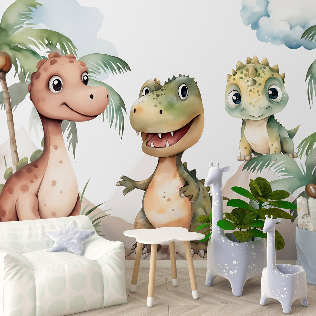 Groep dinosaurussen staand op rotsen in een interieur