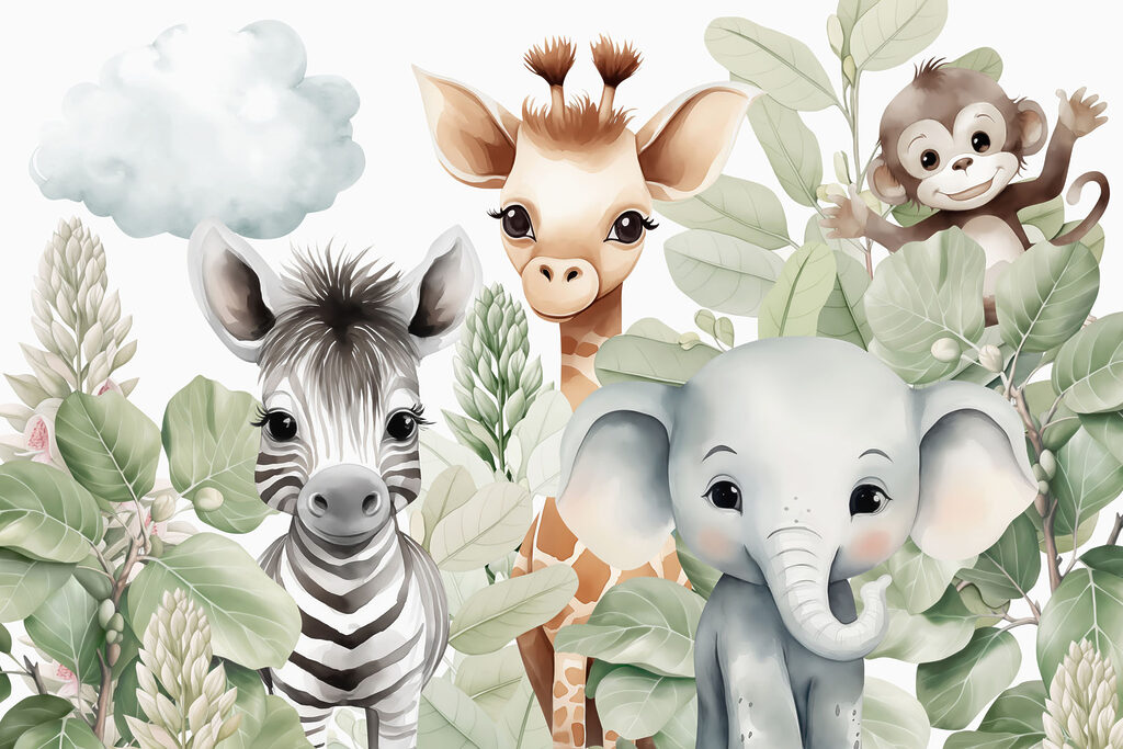 Junglevriendjes tussen de bladeren — volledig ontwerp
