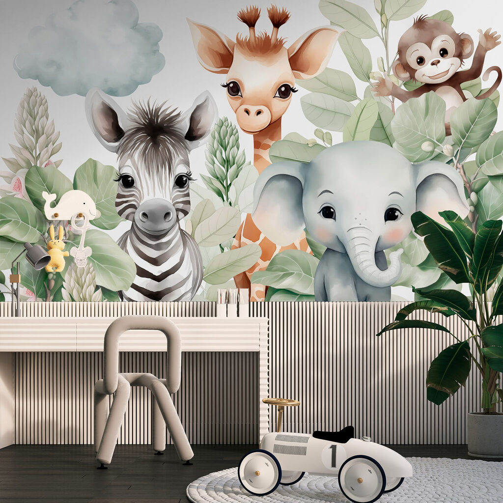 Groep dieren met bladeren in een interieur
